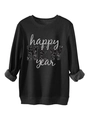 Detail des Happy New Year Aufdrucks auf schwarzem Sweatshirt mit Rippbündchen am Saum - Schwarz