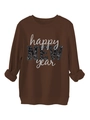 Detail eines dunkelbraunen Happy New Year Sweatshirts mit Pailletten und Rippbündchen - Kaffeebraun