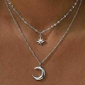 Zweilagige Edelstahlhalskette mit Stern- und Mondanhängern für Damen im Set - Silber Stern Mond Doppelschichtiger Stil (C5916)