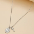 Silver stainless steel necklace with Virgin Mary medal and cross pendant on beige surface - Virgin Mary and Cross (C4392) / Silver