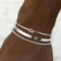 Driedelige roestvrijstalen armbandset met knoopontwerp, platte manchet en Cubaanse ketting - Zilveren Stijl Set (C6230)