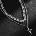 Double-layered silver necklace featuring a Cuban link chain and a hollow star pendant - Silver Double Layer Cuban Chain Hollow Four-Pointed Star Style (C5552)