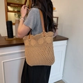 Handcrafted khaki crochet tote bag with floral pattern and leather shoulder straps - Khaki