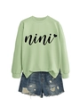 Detail of light green crewneck sweatshirt with nini heart print and ripped denim shorts - S / Olive Green (Black Font)