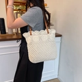 Hollow cotton rope woven tote bag with brown leather handles in beige crochet style - Off White