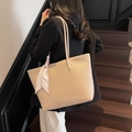 Large beige tote bag with litchi texture and silk scarf detail for women - Khaki