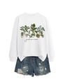 Detail of white crewneck sweatshirt with botanical plant print and distressed denim shorts - White Sweatshirt (Black Text)