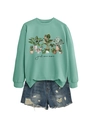 Mint green crewneck sweatshirt with potted plant print and just one more text detail - Light Green Sweatshirt (Black Text)