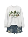 Detailed flat lay of a grey crewneck sweatshirt with potted plants print and denim shorts - Off-white Sweatshirt (Black Graphic)