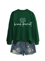 Detail of dark green crewneck sweatshirt with white booktrovert print and denim shorts - S / Dark Green (White Font)