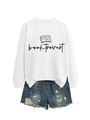 Detail of white cotton sweatshirt with booktrovert print and denim shorts with fringe - S / White (Black Font)