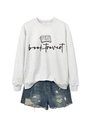 Flat lay of gray Booktrovert sweatshirt paired with distressed denim shorts and print - S / Off-White (Black Font)