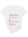 Détail d'un t-shirt blanc à col en V avec texte coloré et un noeud élégant à la base - S / Blanc