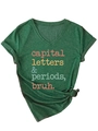 Detail of V-neck dark green T-shirt featuring retro text print and front knot hem design - S / Vintage Green