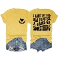 Detail of Sports Mama slogan print on mustard yellow cotton t-shirt with denim shorts - Yellow (Black Font)