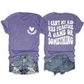 Detailed back and front view of heather purple Sports Mama slogan t-shirt and denim shorts - Purple (White Font)