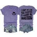 Detail view of heather purple sports mama t-shirt with slogan and distressed denim shorts - Purple (Black Font)