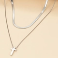 Collier double rang en acier inoxydable argenté avec chaîne serpent et croix - Argent (F1028)