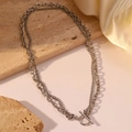 Double-layered silver OT buckle chain necklace in punk style with thick link texture - Double Layer OT Buckle Silver Style (C3838)