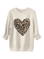 Dettaglio felpa beige peluche con stampa cuore leopardata e tessuto a maglia morbida - S / Sabbia