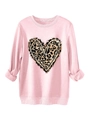 Detail of pink sweatshirt featuring leopard heart print with artistic ink stroke edges - Pink