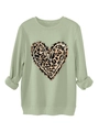 Close-up of light green crewneck sweatshirt with leopard heart print and rolled cuffs - Olive Green