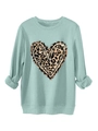 Detail of mint green sweatshirt featuring a leopard print heart and ribbed cuffs - Light Green
