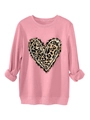 Detail of pink sweatshirt featuring leopard print heart and ribbed knit cuffs - Peach