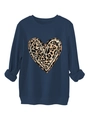 Detail of dark blue sweatshirt featuring leopard print heart and ribbed cuffs - Navy Blue