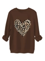 Detail of leopard print heart graphic with ink splash effect on brown plush sweatshirt - Coffee
