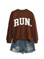 Detailed flat lay of a brown RUN sweatshirt paired with distressed denim shorts - Coffee (White Font)
