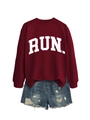 Detail of burgundy RUN sweatshirt with drop shoulders and distressed denim shorts - Wine Red (White Font)