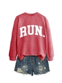 Flat lay of red RUN sweatshirt and distressed denim shorts on white background - Red (White Font)