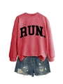 Flat lay of a red long sleeve sweatshirt with black RUN lettering and ripped denim shorts - Red (Black Font)