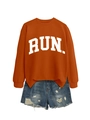 Detail of orange crewneck sweatshirt featuring white RUN. print and denim shorts - Burnt Orange (White Font)