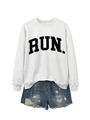 Detail of grey RUN letter sweatshirt paired with distressed blue denim shorts - Off-White (Black Font)