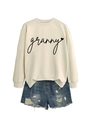 Detailed close-up of granny script and heart print on a beige crewneck sweatshirt - Sand (Black Font)