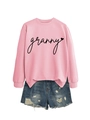 Detail of pink granny heart sweatshirt and distressed denim shorts two-piece set - Pink (Black Text)