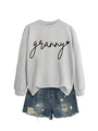 Flat lay of gray sweatshirt with granny heart print and ripped denim shorts - Grey (Black Font)