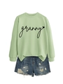 Detail of light green sweatshirt with granny heart print and blue distressed denim shorts - Olive Green (Black Font)