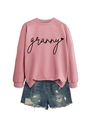 Detail of pink crewneck sweatshirt with 'granny' heart print and distressed denim shorts - Rose Gold (Black Font)