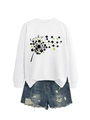 Detail of white dandelion sweatshirt with clover petals and lucky text on blue denim - White (Black Letters)