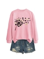Detail of pink lucky dandelion clover sweatshirt paired with ripped denim shorts - Pink (Black Letters)