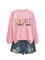 Ensemble sweat rose avec lettrage 'FUN FACT I don't care' et short en jean - S / Noir Imprimé / Rose