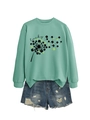 Detail of mint green sweatshirt with clover clover and denim shorts flat lay - Light Green (Black Print)