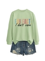 Détail de l'imprimé coloré Fun Fact I Don't Care sur un sweat-shirt décontracté vert - S / Noir Imprimé / Vert olive