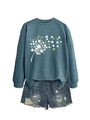 Detail of lucky dandelion sweatshirt with clover print and distressed denim shorts - Blue (White Print)