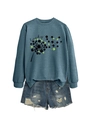 Detail view of lucky dandelion clover print on gray blue crewneck sweatshirt fabric - Blue (Black Print)