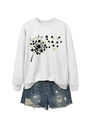Flat lay of gray sweatshirt with lucky clover pattern and ripped denim shorts - Off-White (Black Graphic)
