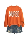 Detail of orange nurse future sweatshirt with heart stethoscope print on the cuff - Orange Sweatshirt (Black Text Graphic)